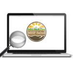A laptop with MHP Salud's logo and magnifying glass.