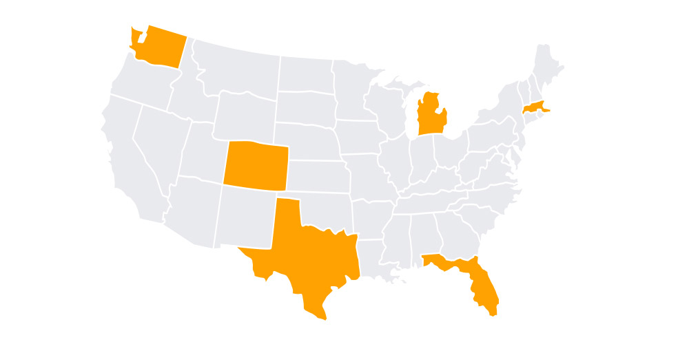 A map of the United States with MHP Salud locations highlighted in orange. 