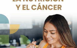Cover of a Spanish-language booklet titled ‘Guía de Bolsillo sobre la Nutrición y el Cáncer’ from MHP Salud. The design features the MHP Salud logo at the top, bold brown title text in the center, and a smiling woman in an orange tank top eating a salad in a kitchen. Colorful abstract shapes decorate the left side of the image.